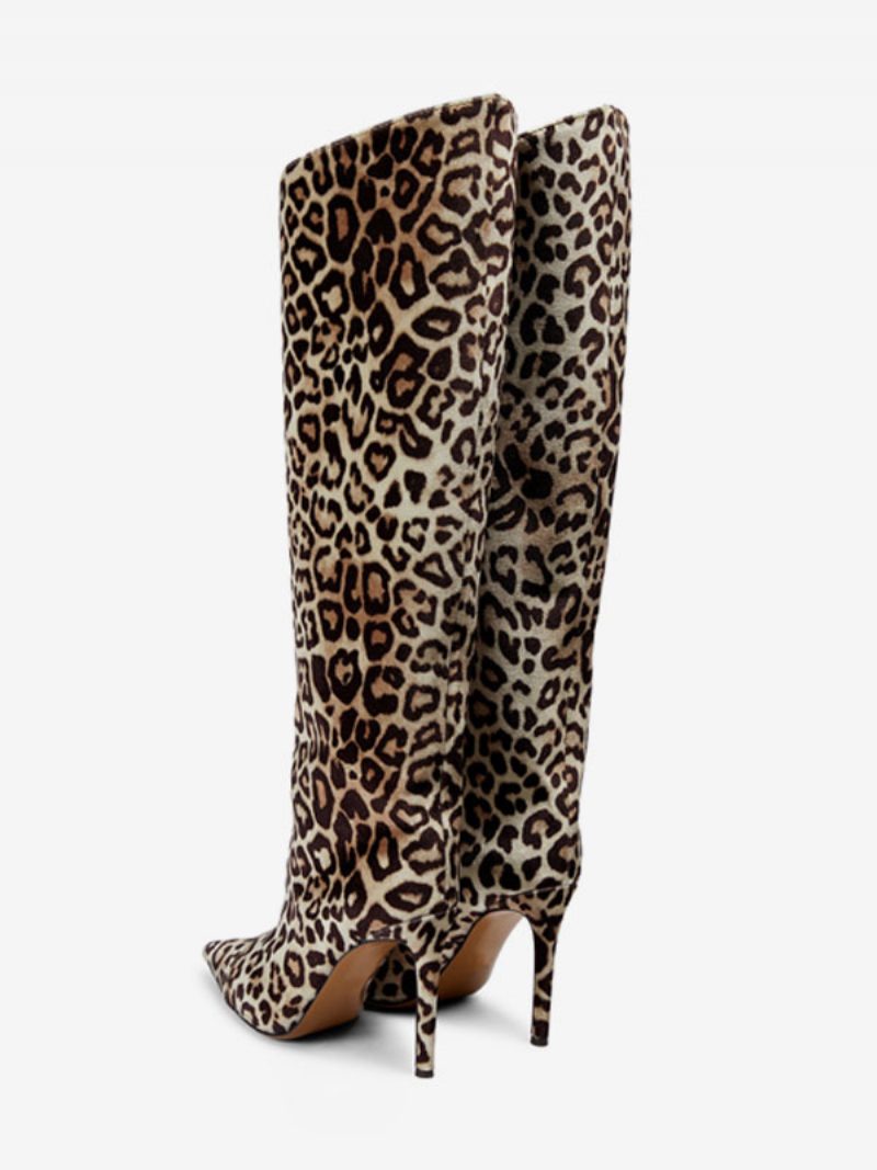 Damen-wildlederstiefel Mit Weitem Schaft Und Leopardenmuster Kniehohem Absatz - Leopard