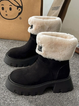 Damen-winterstiefel Aus Schwarzem Wildleder Mit Runder Zehenpartie Kurzer Plüsch-dedeil-stiefeletten Klobigem Absatz