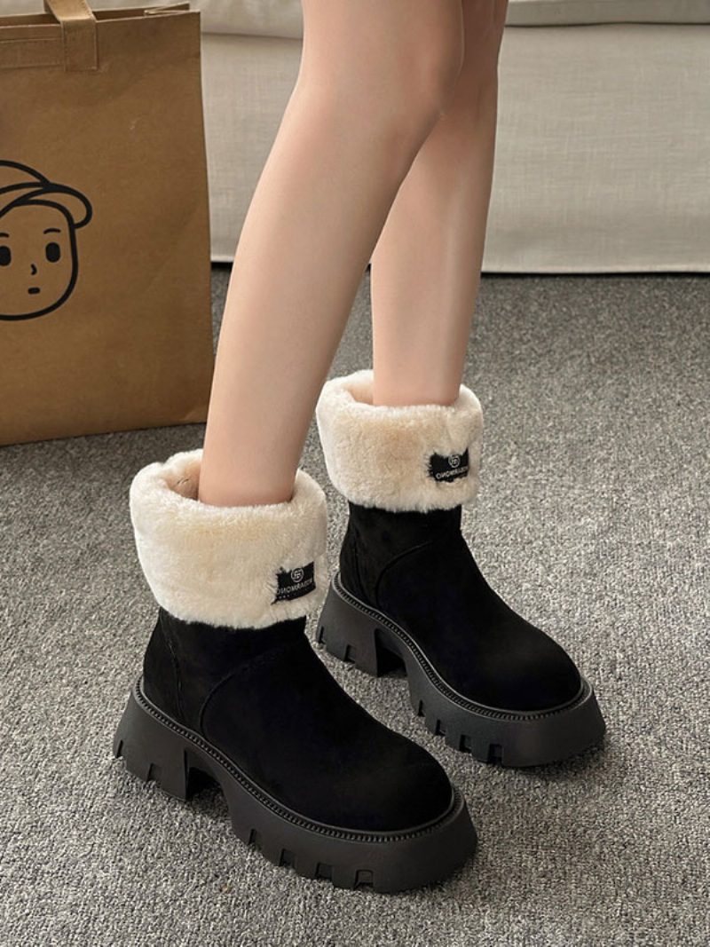 Damen-winterstiefel Aus Schwarzem Wildleder Mit Runder Zehenpartie Kurzer Plüsch-dedeil-stiefeletten Klobigem Absatz - Schwarz