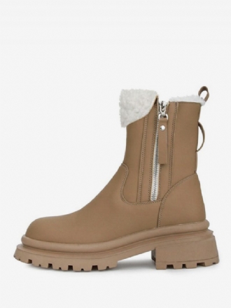 Damen-winterstiefel Khaki Reißverschluss Runde Zehen Kurze Plüsch-stiefeletten