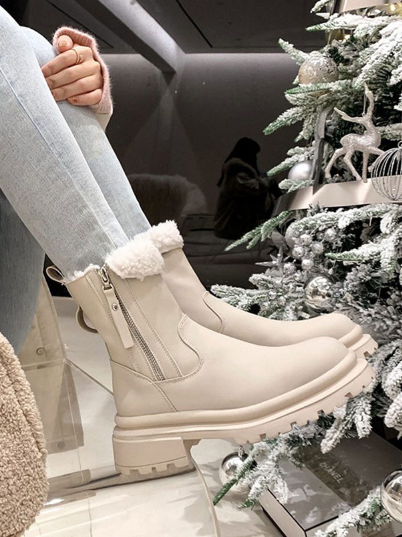 Damen-winterstiefel Khaki Reißverschluss Runde Zehen Kurze Plüsch-stiefeletten - Beige