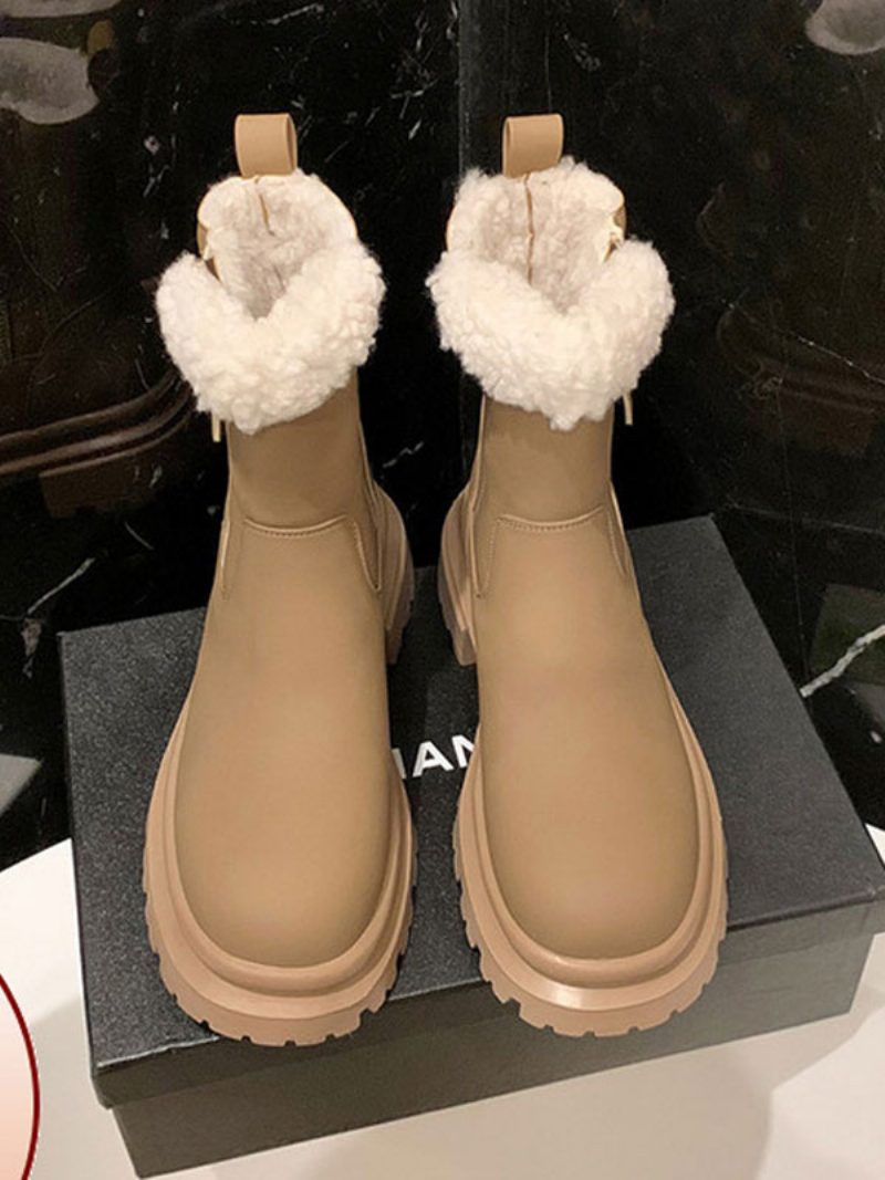 Damen-winterstiefel Khaki Reißverschluss Runde Zehen Kurze Plüsch-stiefeletten - Khaki