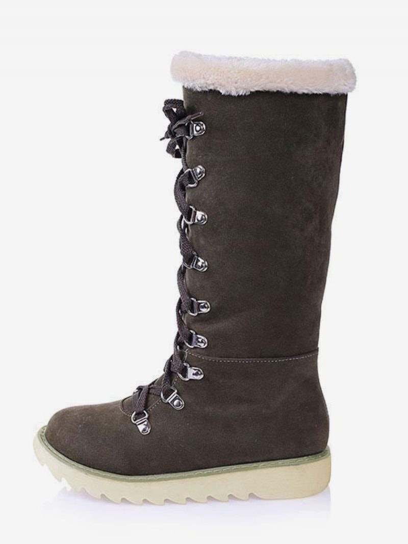 Damen-winterstiefel Wildleder Ecru Weiß Runde Zehenpartie Flache Schnürstiefel - Jägergrün