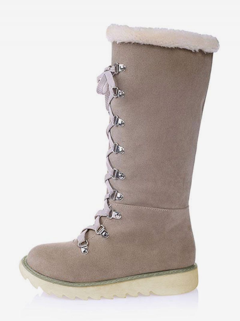 Damen-winterstiefel Wildleder Ecru Weiß Runde Zehenpartie Flache Schnürstiefel - Beige