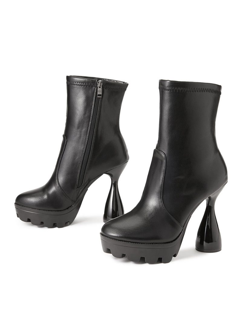 Damenstiefel Mit Runder Zehenpartie Kelchabsatz Pu-leder Schwarze Stiefeletten - Schwarz