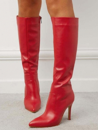 Damenstiefel Rot Stiletto-absatz Spitze Zehen Kniehohe Stiefel