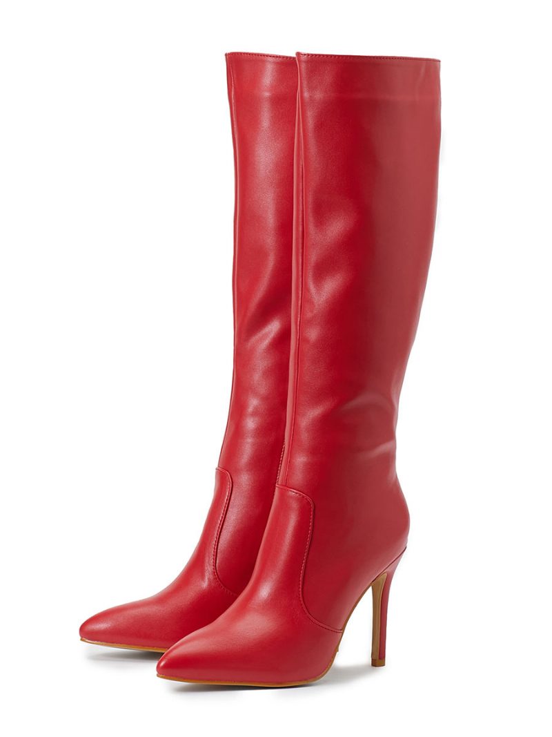 Damenstiefel Stiletto-absatz Spitzer Zehenbereich Pu-leder Rote Kniehohe Stiefel