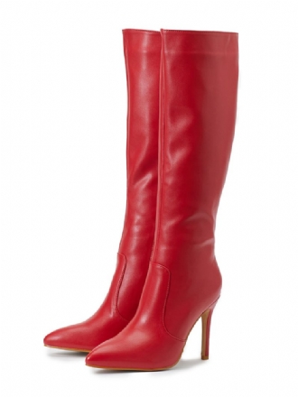 Damenstiefel Stiletto-absatz Spitzer Zehenbereich Pu-leder Rote Kniehohe Stiefel