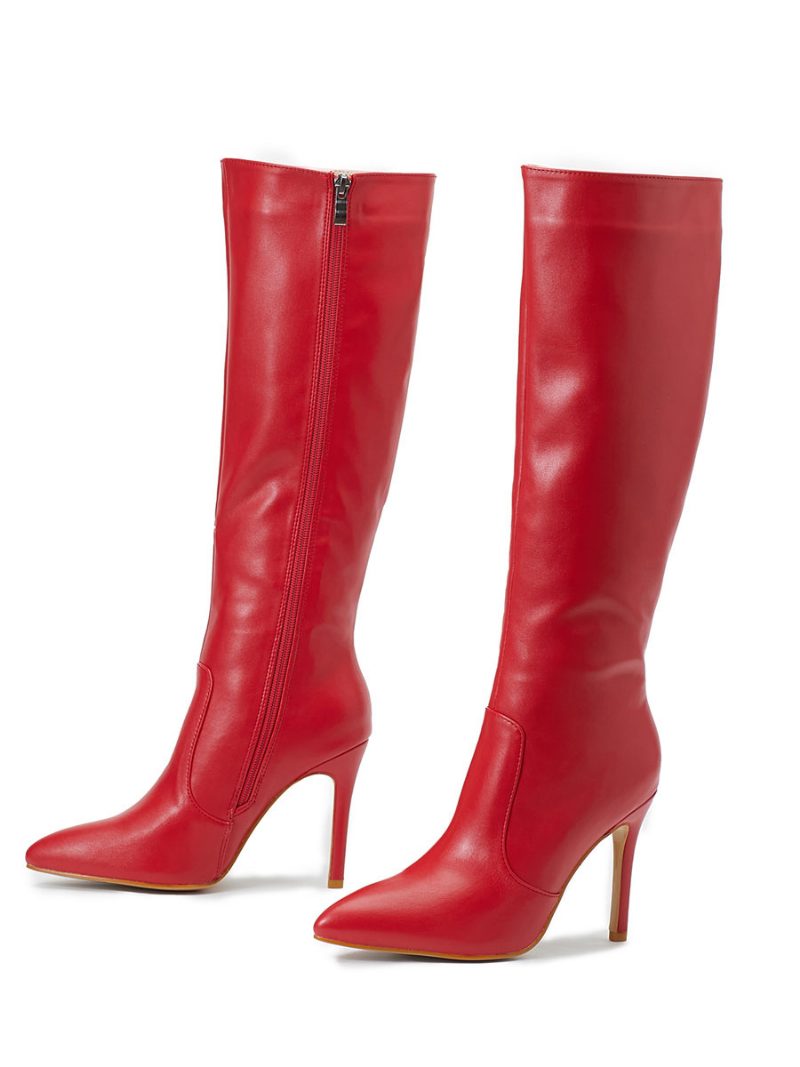 Damenstiefel Stiletto-absatz Spitzer Zehenbereich Pu-leder Rote Kniehohe Stiefel - Rot