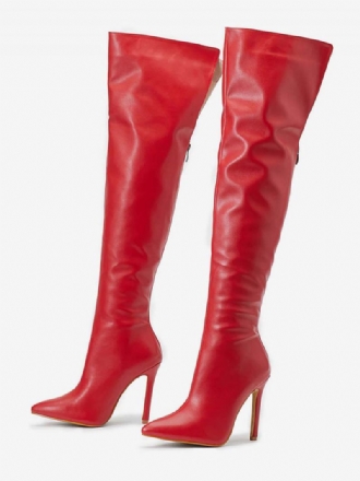 Damenstiefel Stiletto-absatz Spitzer Zehenbereich Pu-leder Rote Overknee-stiefel