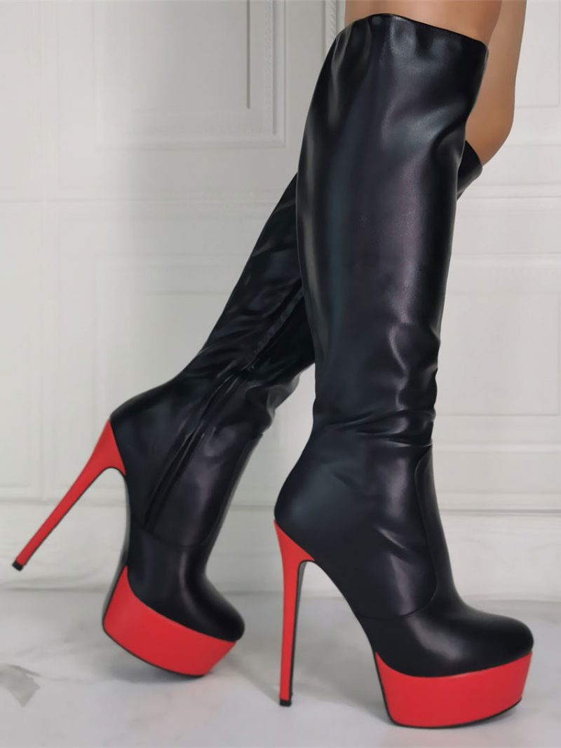 Damenstiefel Stiletto-absatz Übergröße Plateau Schwarz Himmelhoher Absatz Kniehohe Stiefel - Schwarz