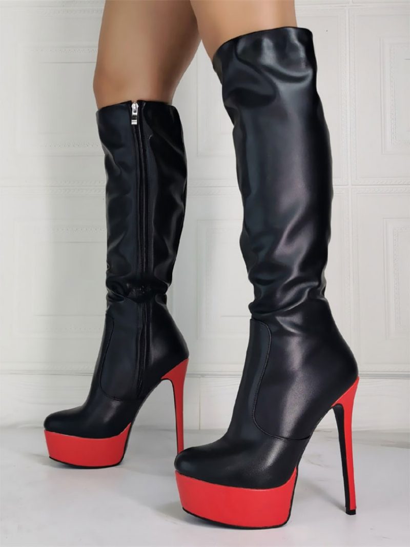 Damenstiefel Stiletto-absatz Übergröße Plateau Schwarz Himmelhoher Absatz Kniehohe Stiefel - Schwarz