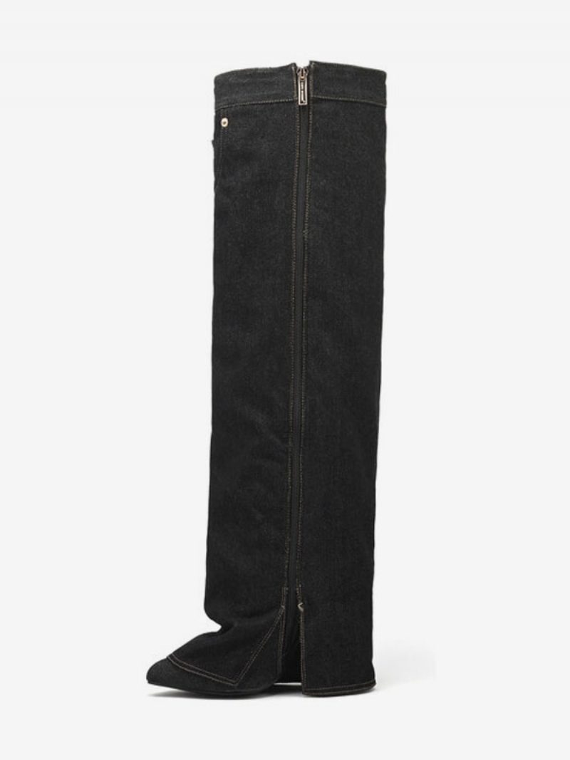 Denim Kniehohe Stiefel Damen Keilabsatz Canvas - Schwarz