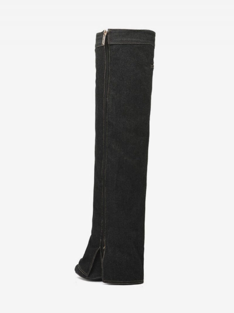 Denim Kniehohe Stiefel Damen Keilabsatz Canvas - Schwarz