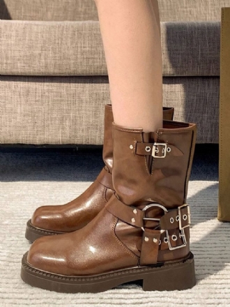 Flache Damen-stiefeletten Braun Mit Runder Zehenpartie Und Schnallendetail