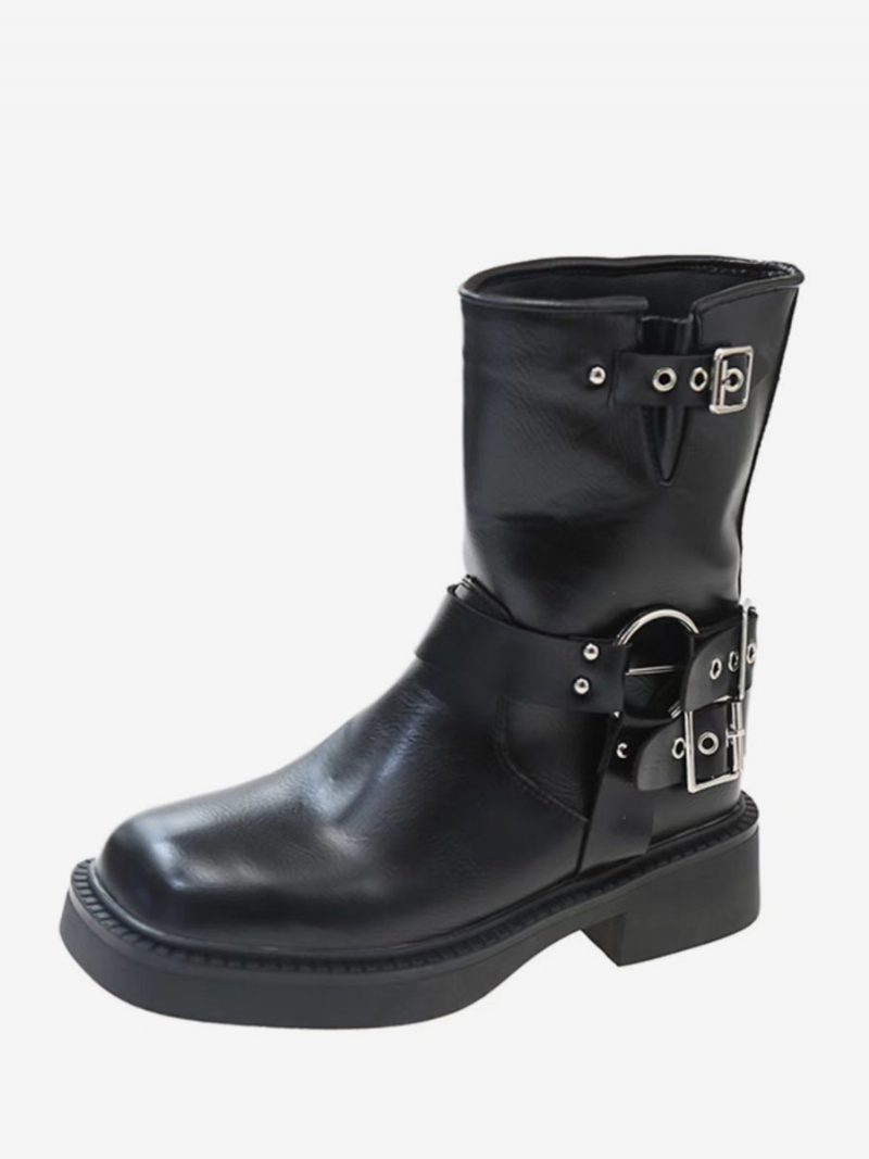 Flache Damen-stiefeletten Braun Mit Runder Zehenpartie Und Schnallendetail - Schwarz