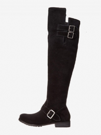 Flache Damenstiefel Aus Wildleder Schwarze Overknee-stiefel Mit Runder Zehenpartie Und Schnallendetail