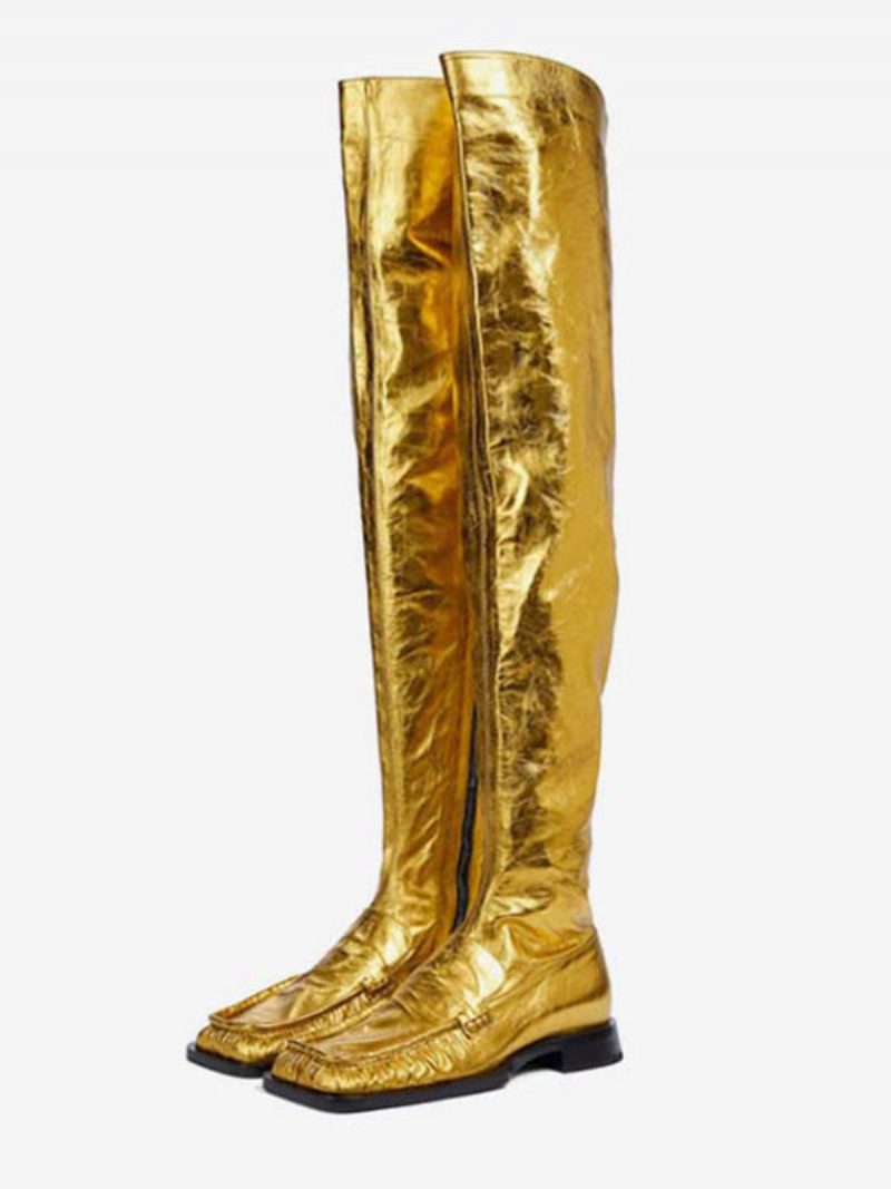 Flache Damenstiefel Mit Metallischer Quadratischer Zehenpartie Und Overknee-stiefel Gold