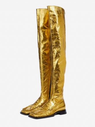 Flache Damenstiefel Mit Metallischer Quadratischer Zehenpartie Und Overknee-stiefel Gold