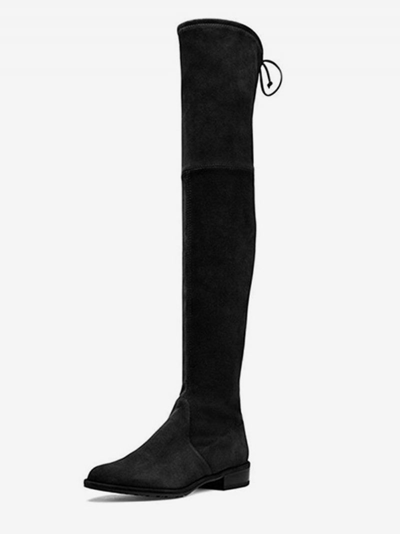 Flache Damenstiefel. Overknee-stiefel Aus Schwarzem Wildleder