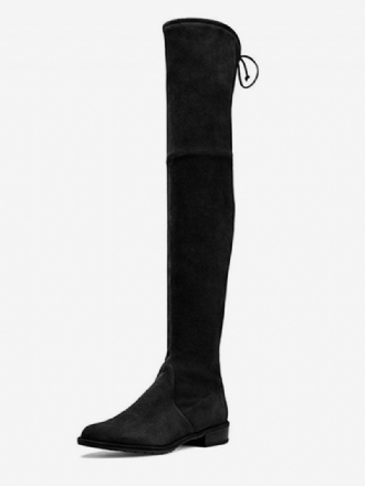 Flache Damenstiefel. Overknee-stiefel Aus Schwarzem Wildleder