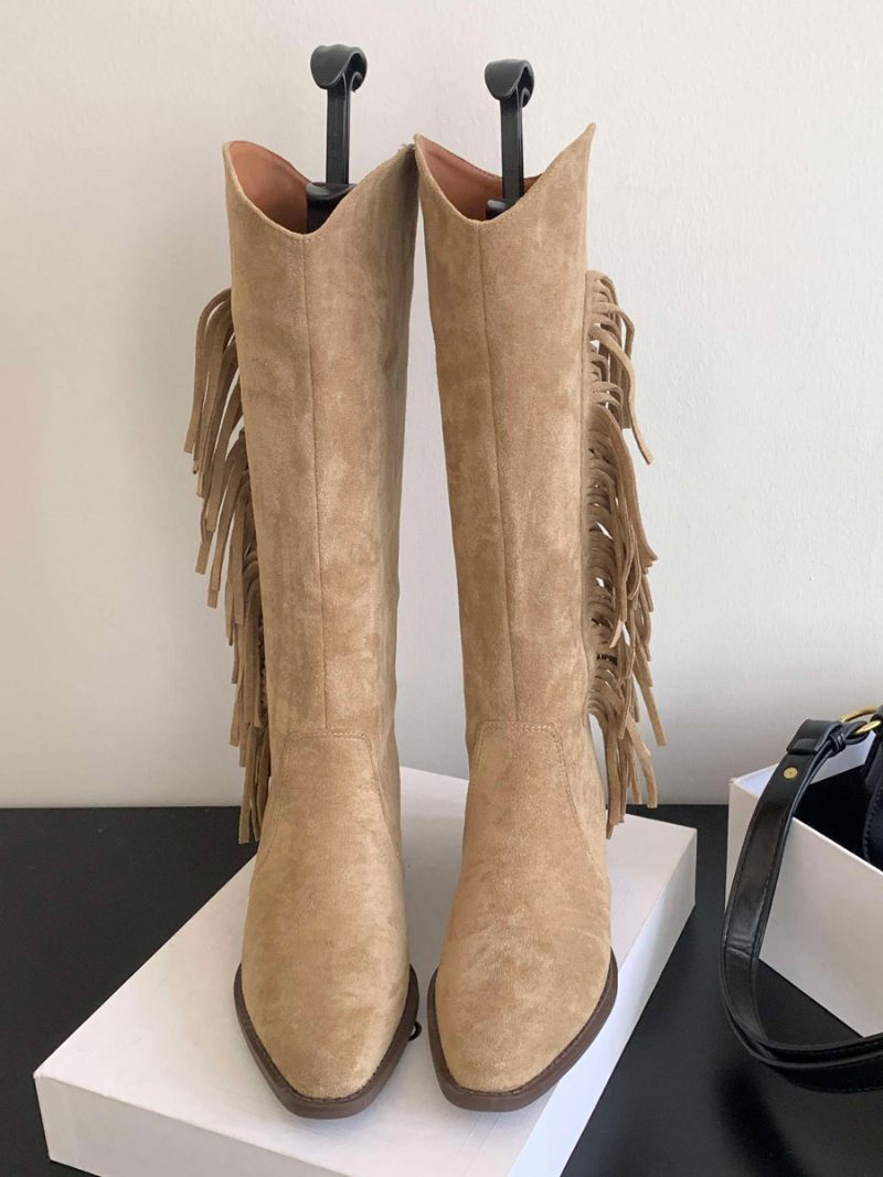 Flache Kniehohe Damenstiefel Aus Wildleder Mit Runder Zehenpartie Und Quasten - Khaki