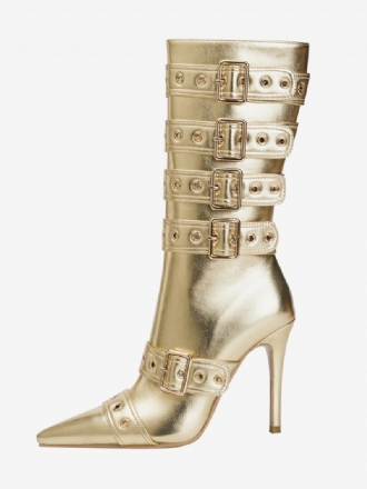 Goldene Kniehohe Damenstiefel Mit Spitzer Zehenpartie Und Schnallendetail Der Mitte Wade