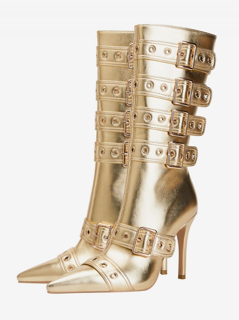 Goldene Kniehohe Damenstiefel Mit Spitzer Zehenpartie Und Schnallendetail Der Mitte Wade - Gold