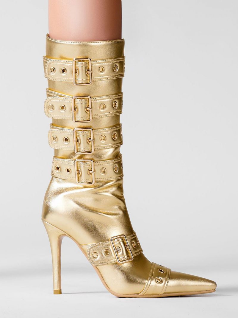 Goldene Kniehohe Damenstiefel Mit Spitzer Zehenpartie Und Schnallendetail Der Mitte Wade - Gold