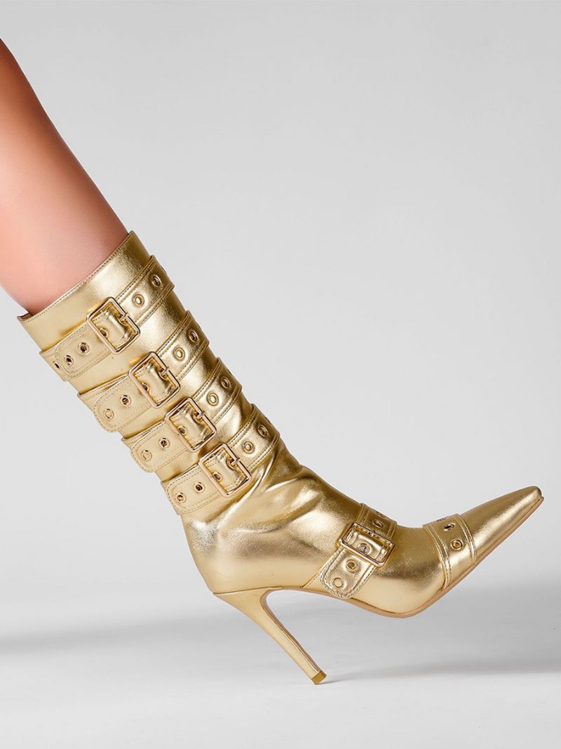 Goldene Kniehohe Damenstiefel Mit Spitzer Zehenpartie Und Schnallendetail Der Mitte Wade - Gold