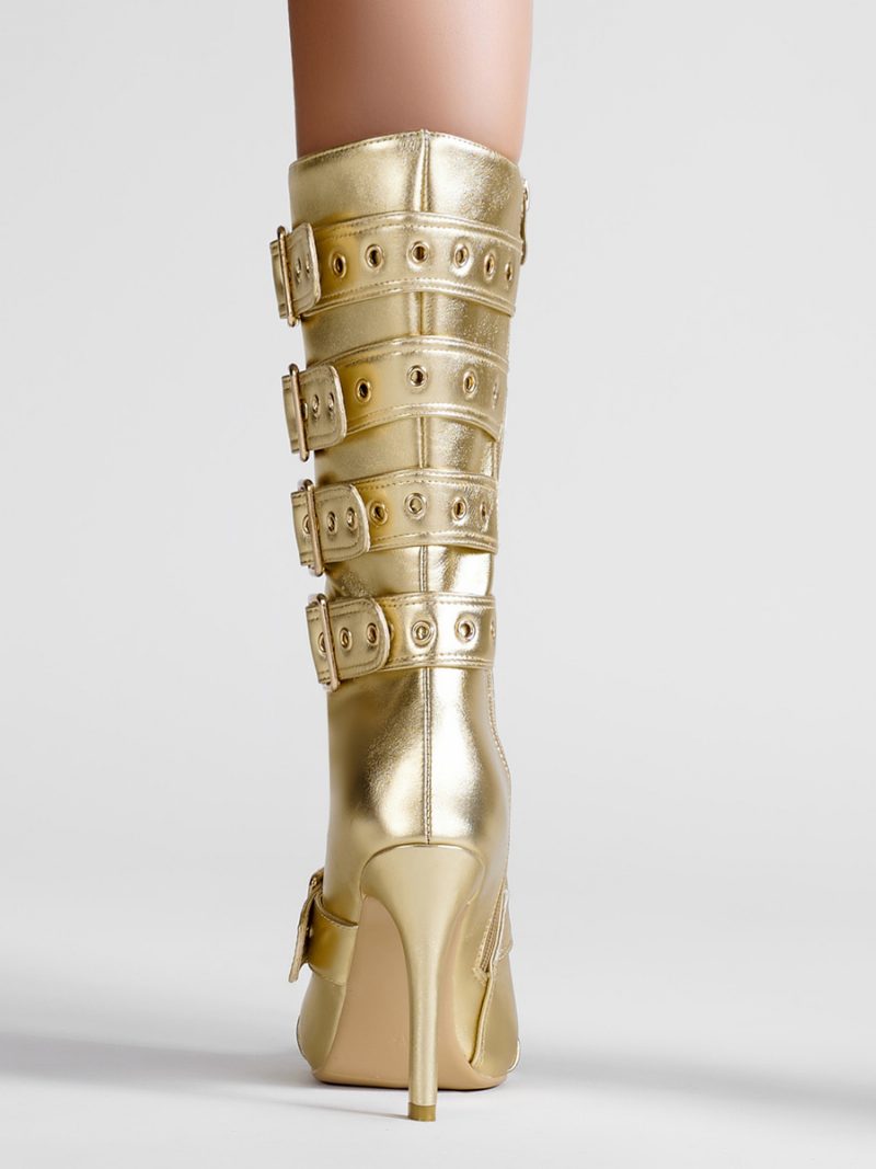 Goldene Kniehohe Damenstiefel Mit Spitzer Zehenpartie Und Schnallendetail Der Mitte Wade - Gold