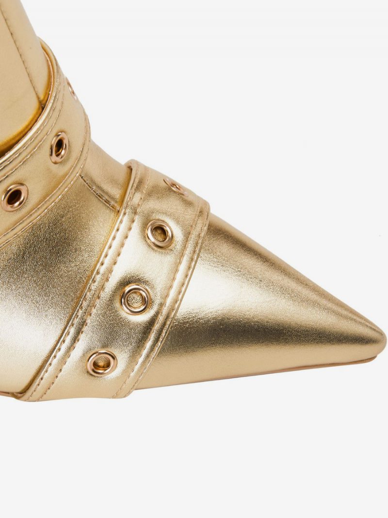 Goldene Kniehohe Damenstiefel Mit Spitzer Zehenpartie Und Schnallendetail Der Mitte Wade - Gold