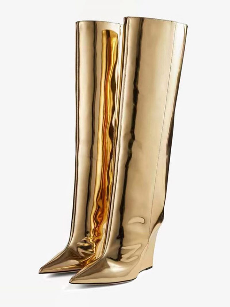 Goldene Kniehohe Damenstiefel. Schicke Spitze Zehen-keilabsatz-stiefel - Gold