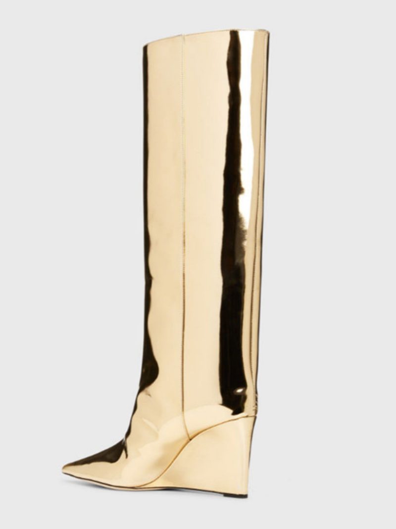 Goldene Kniehohe Damenstiefel. Schicke Spitze Zehen-keilabsatz-stiefel - Gold