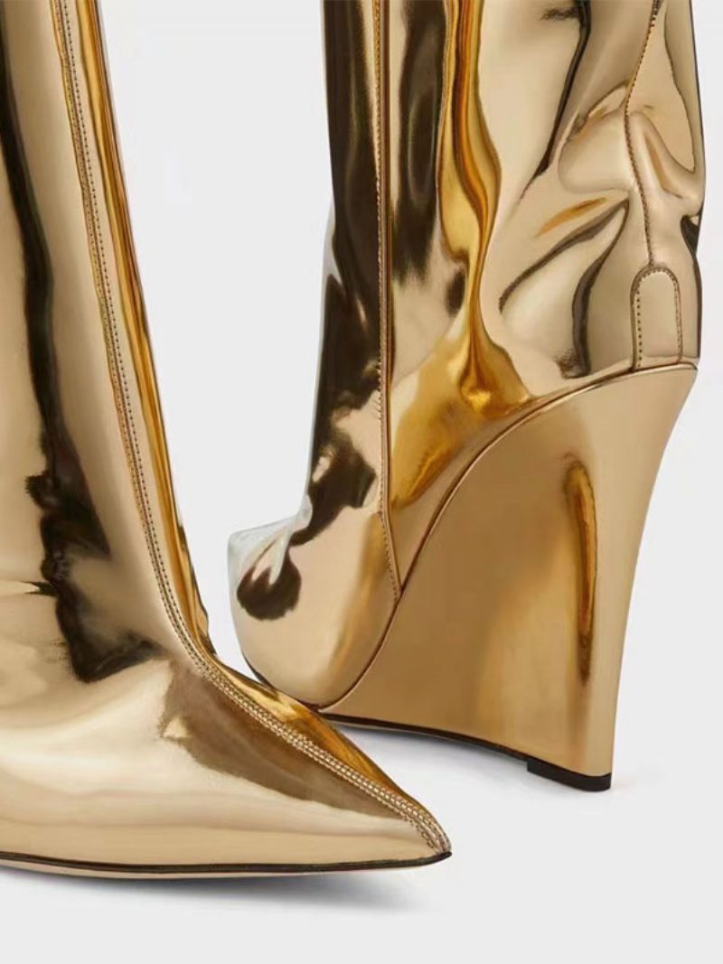 Goldene Kniehohe Damenstiefel. Schicke Spitze Zehen-keilabsatz-stiefel - Gold