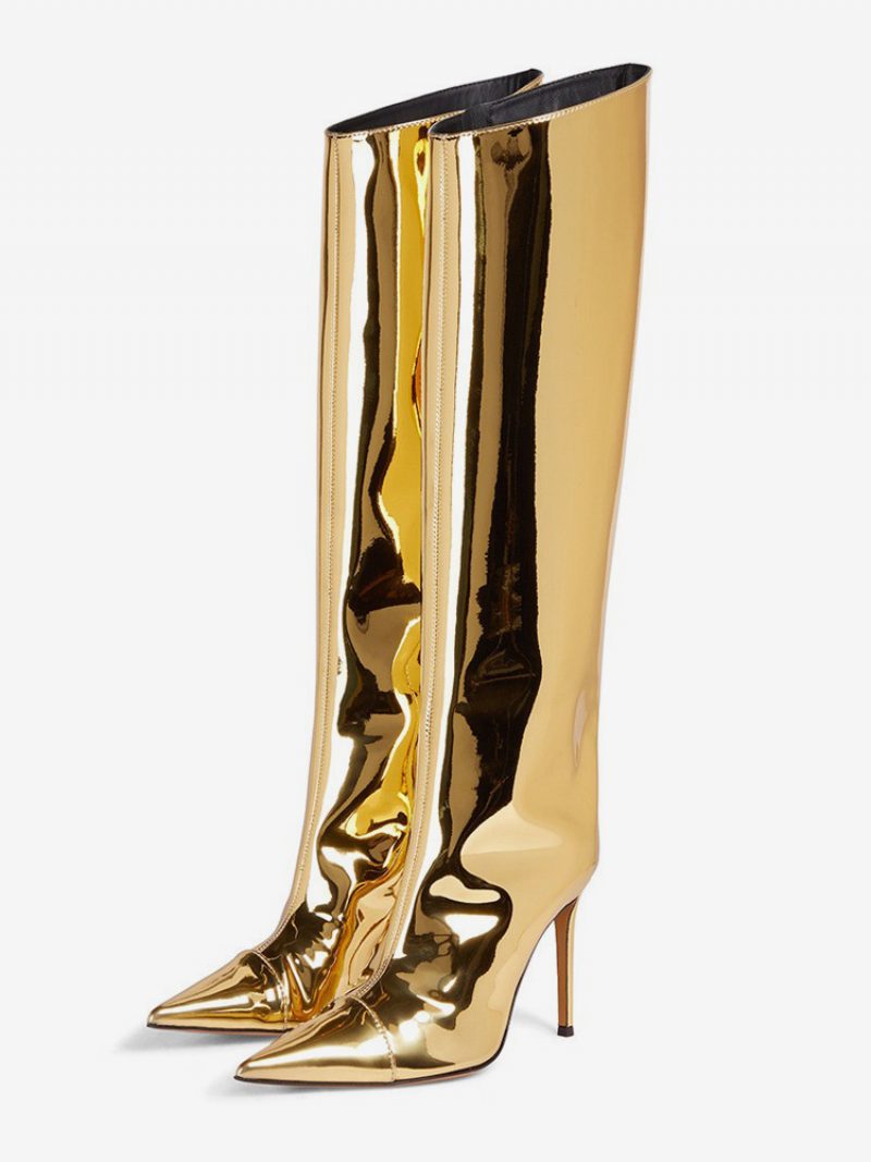 Goldene Kniestiefel Für Damen Mit Spitzer Zehenpartie Und Knielangem Stiletto-absatz - Gold