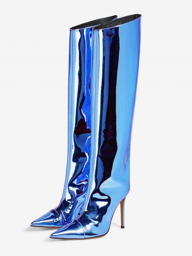 Goldene Kniestiefel Für Damen Mit Spitzer Zehenpartie Und Knielangem Stiletto-absatz - Blau