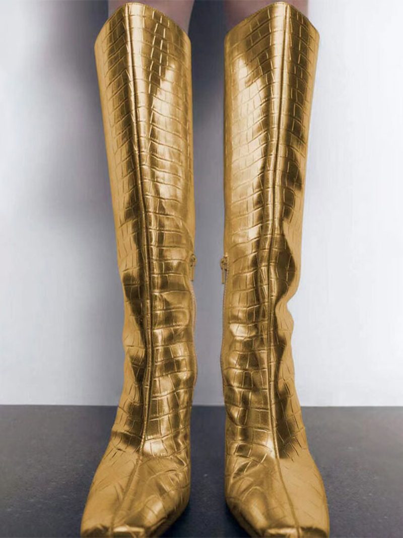 Goldfarbene Breite Wadenstiefel Für Damen Kniehohe Stiefel Mit Eckigem Zehenbereich Stiletto-absatz - Gold