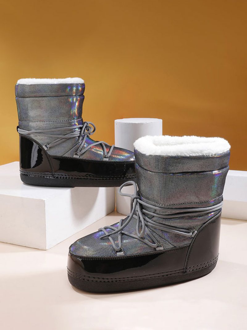 Graue Schneestiefel Für Damen Mit Runder Spitze Und Schnürung - Silber