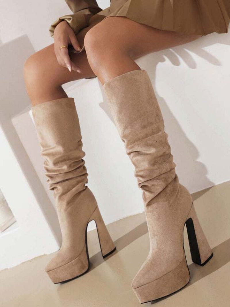 High-heel-stiefel Aus Wildleder Mit Spitzer Zehenpartie Klobiger Absatz Mittelhohe Stiefel Für Damen - Beige