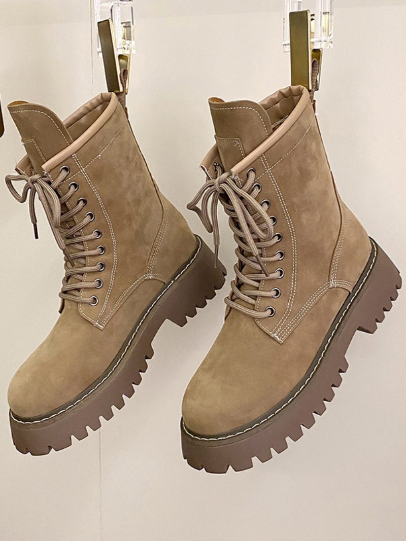 Khakifarbene Stiefeletten Für Damen Mit Schnürung Und Runder Spitze Flache - Khaki