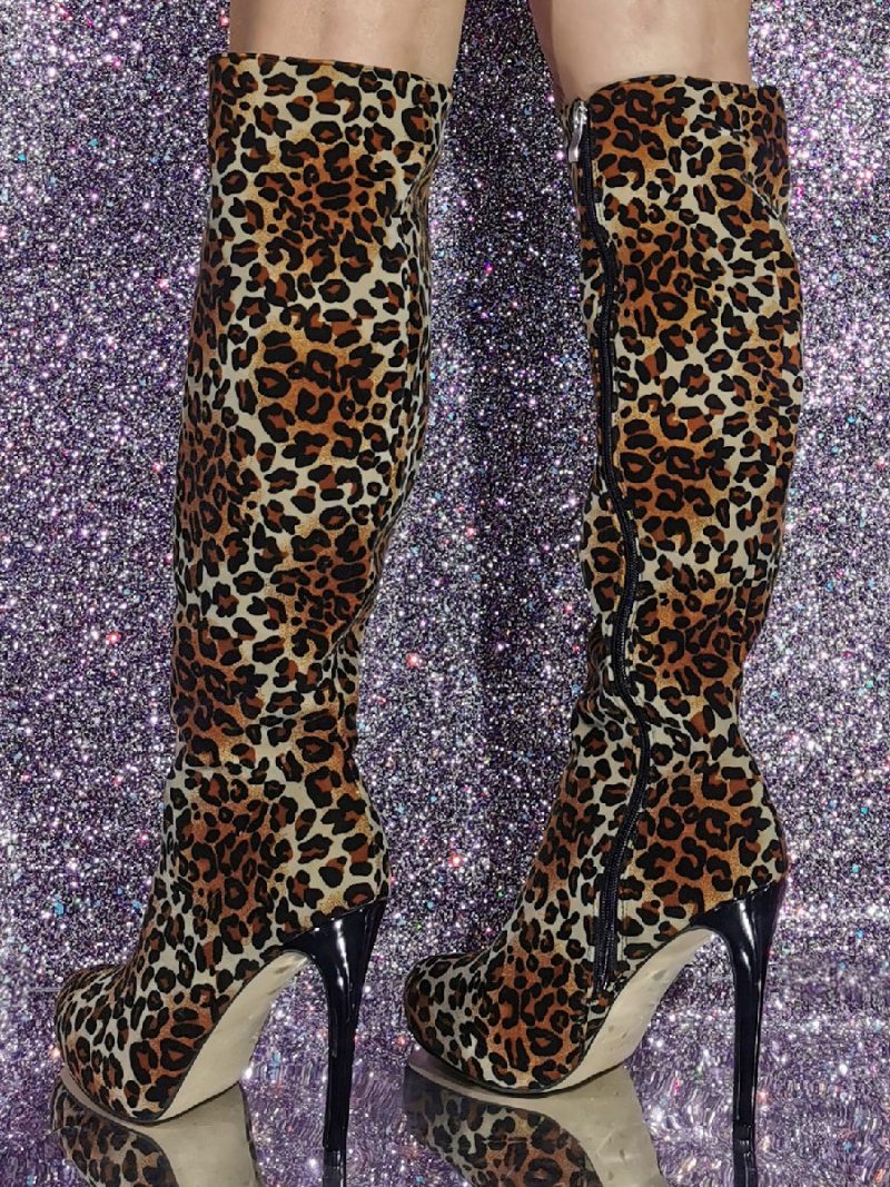 Kniehohe Damenstiefel Aus Micro-wildleder Mit Stiletto-absatz - Leopard