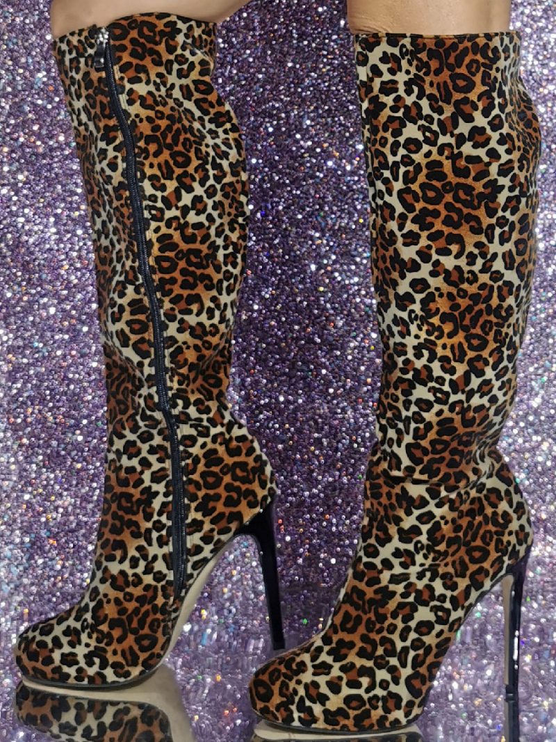 Kniehohe Damenstiefel Aus Micro-wildleder Mit Stiletto-absatz - Leopard