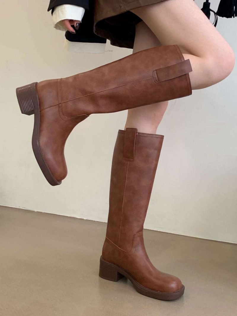 Kniehohe Damenstiefel Aus Pu-leder Mit Klobigem Absatz - Kaffeebraun