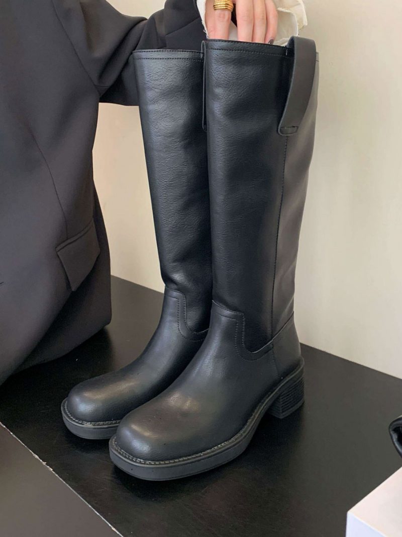 Kniehohe Damenstiefel Aus Pu-leder Mit Klobigem Absatz - Schwarz