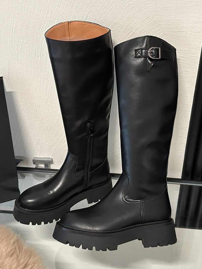 Kniehohe Damenstiefel Aus Pu-leder Mit Klobigem Absatz - Schwarz