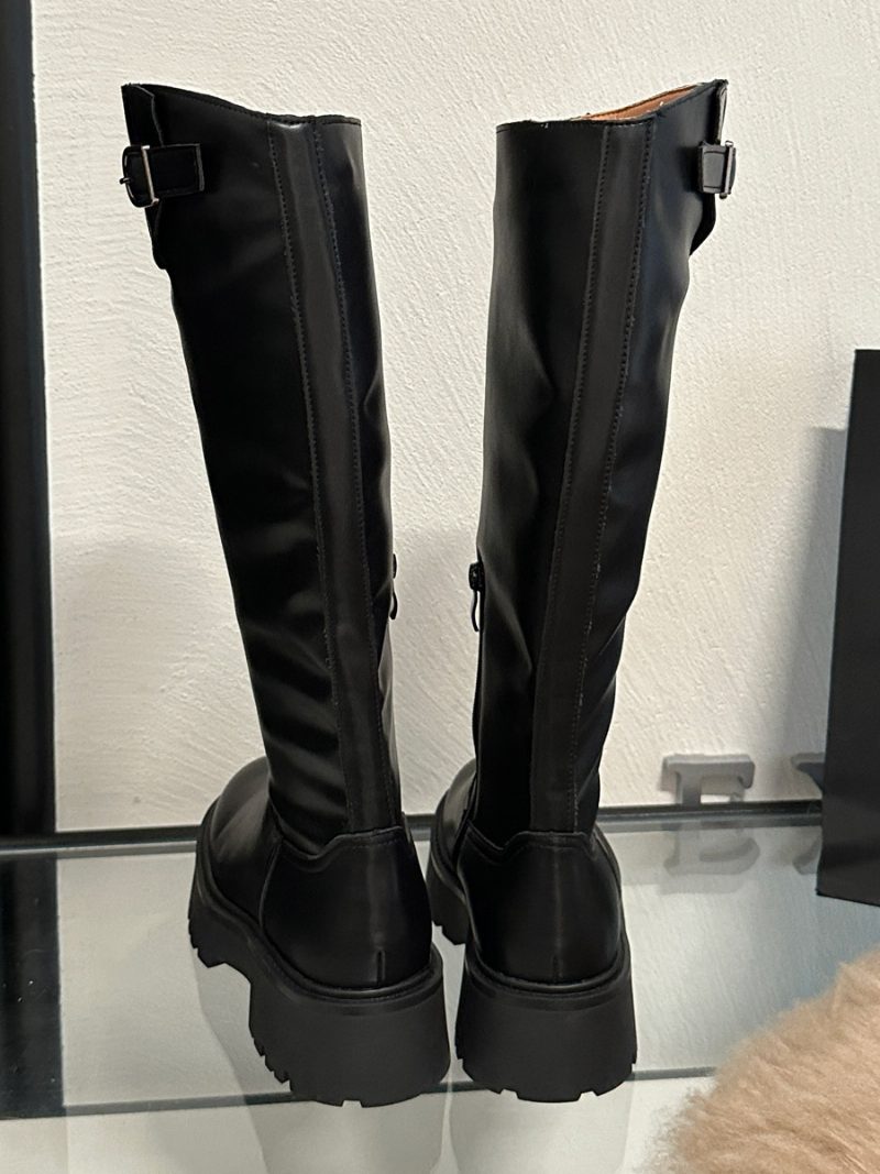 Kniehohe Damenstiefel Aus Pu-leder Mit Klobigem Absatz - Schwarz