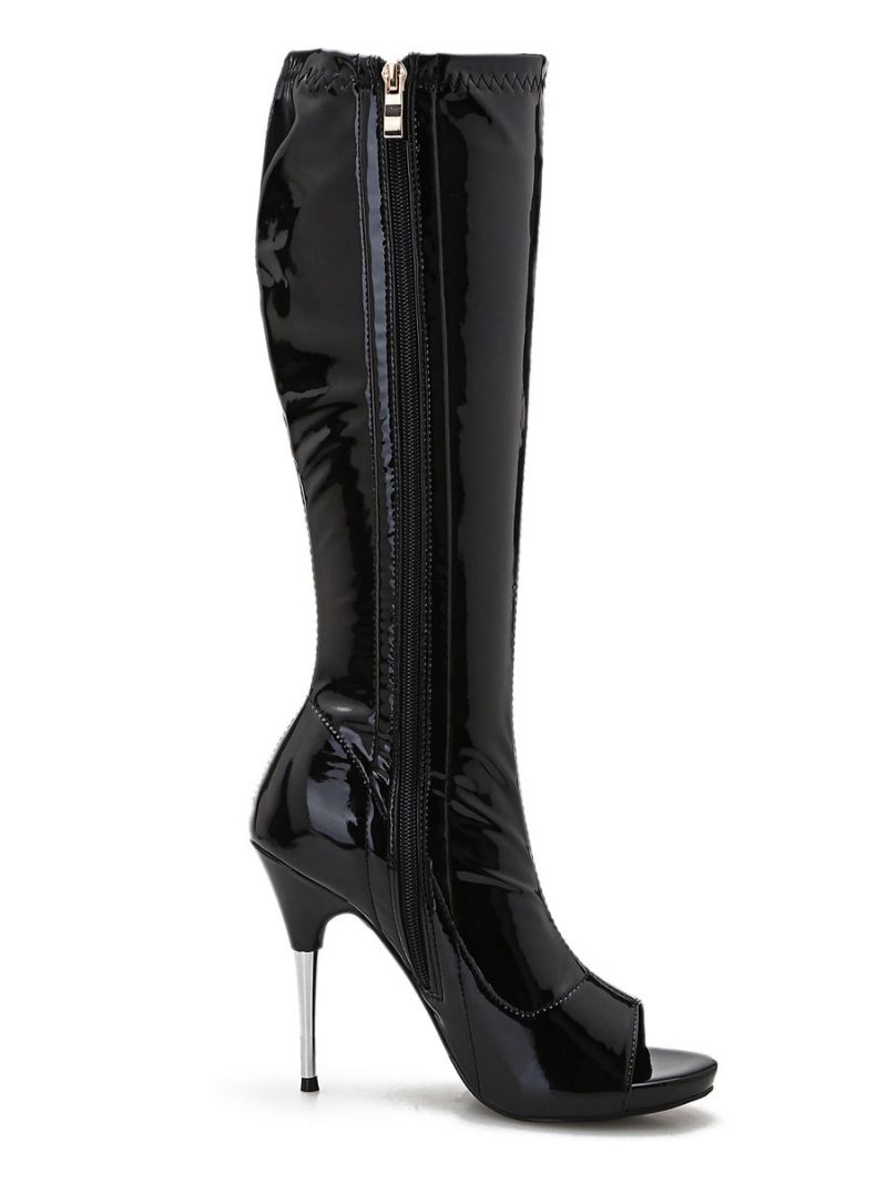 Kniehohe Damenstiefel Aus Rotem Leder Mit Peeptoe Und Stiletto-reißverschluss Knielange Stiefel Hellem Lederabsatz - Schwarz