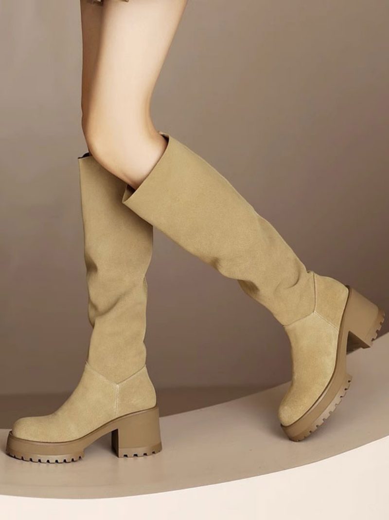 Kniehohe Damenstiefel Aus Wildleder Mit Klobigem Absatz - Khaki