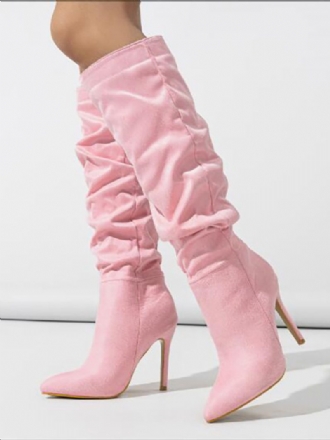 Kniehohe Damenstiefel Aus Wildleder Mit Spitzem Zehenbereich Und Stilettoabsatz Rosa